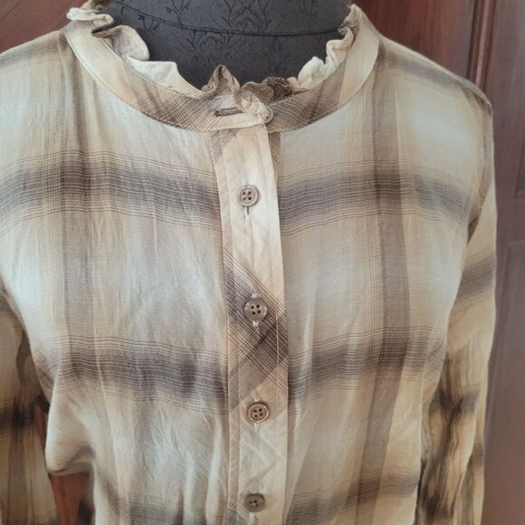 Talbots Plus 1X Beige Plaid Button Front Top Womens Long Sleeve Lightweight Blou - Picture 6 of 8
